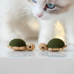 Dwa oliwkowe żółwiki dla kota z kocimiętką i walerianą a nad nimi pochyla się biały kot