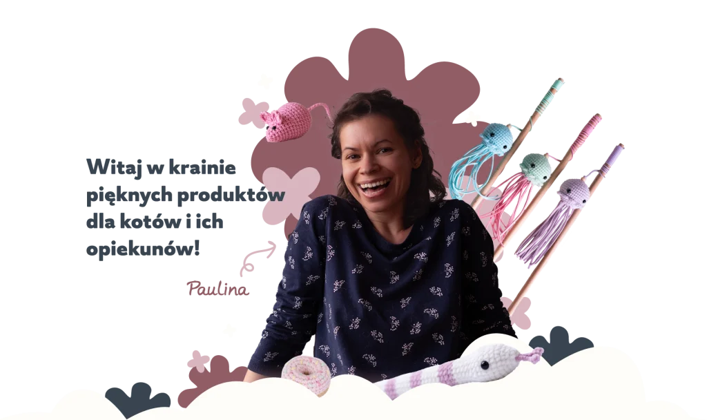 Kolaż Catorable pokazujący twórczynię i miniatury zabawek dla kotów