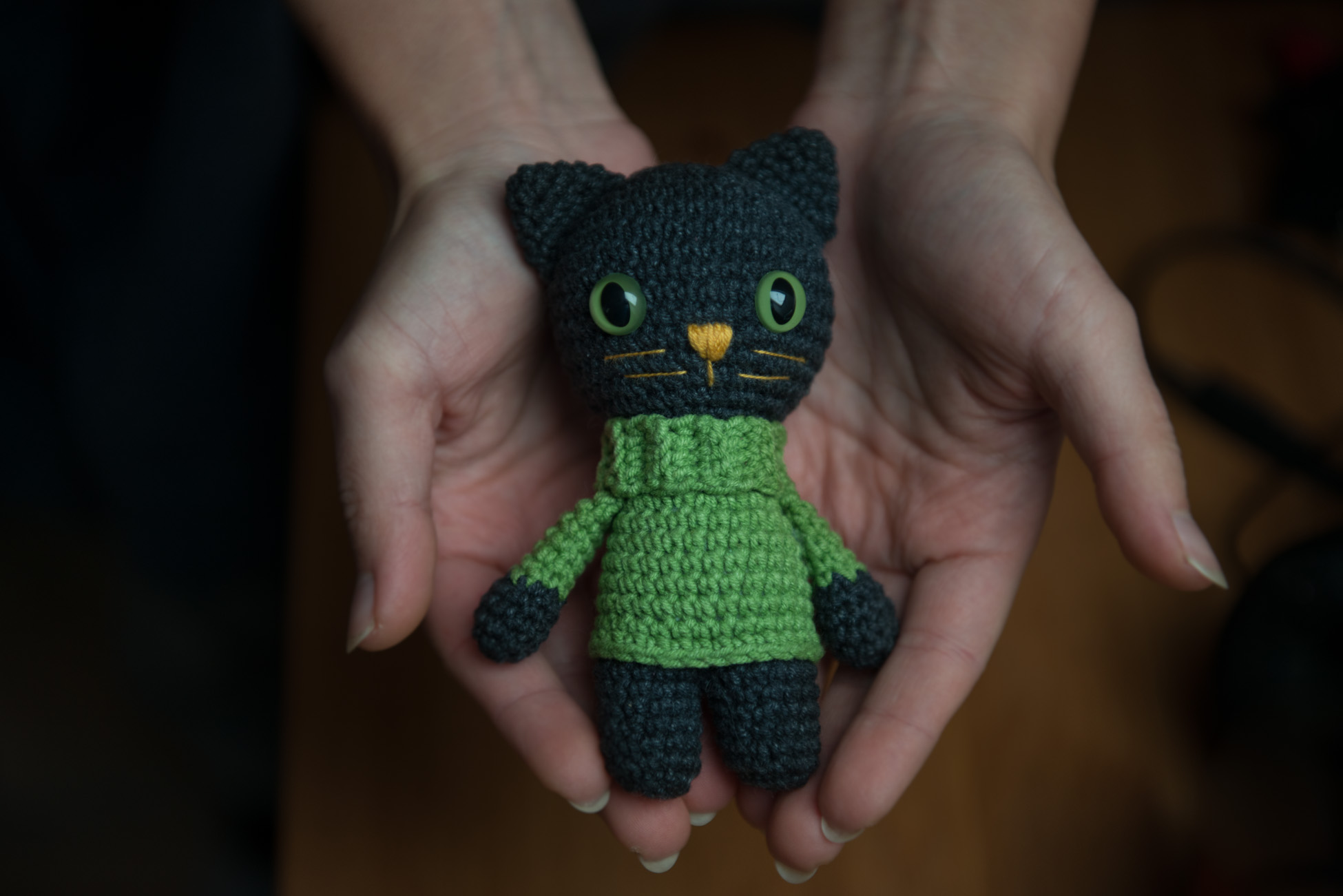Szydełkowa maskotka czarny kot z zielonymi oczami w zielonym swetrze trzymana na dłoniach